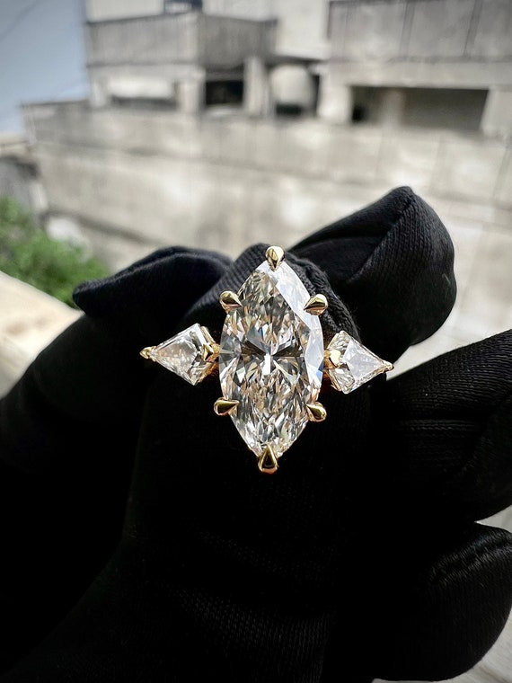 2 CT Marquise Cut Lab Grown Diamond Three Diamond Stone Ring, Engagement Ring, Side Kite Cut Diamond, Anniversary Gift, Ring for her