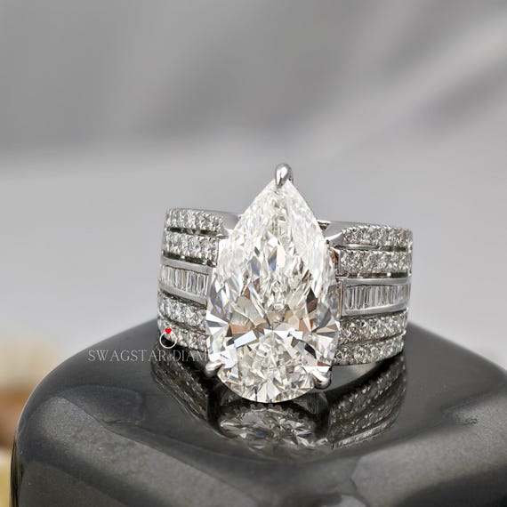Pear Cut Engagement Ring Lab Grown Diamond, 7 CT Solitaire Diamond Ring, Prong Set Ring, Broad Band Wedding Ring For Bride, White Gold Ring