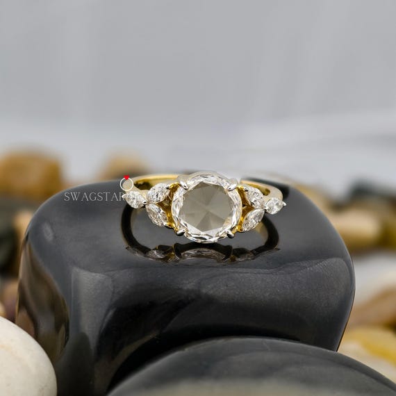 Rose Cut Shap Lab Grown Diamond Engagement Ring, 1 CT Diamond Ring, 18k Yellow Gold Ring For Her, Side Accents Marquise Diamond Ring Her