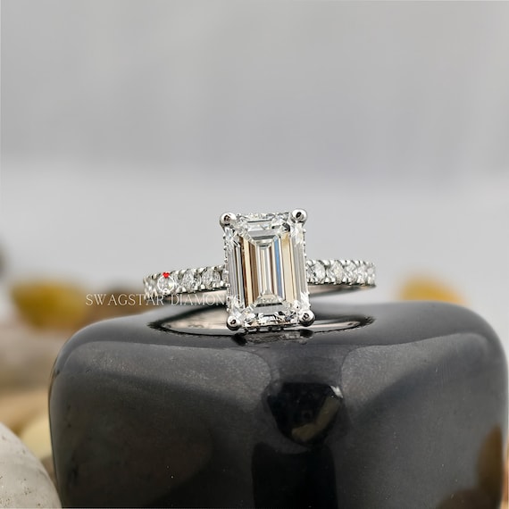 Emerald Cut Engagement Ring Lab Grown Diamond, 3 CT Solitaire Diamond Ring, Prong Setting, Solid 18K White Gold Ring, Propose Ring For Her