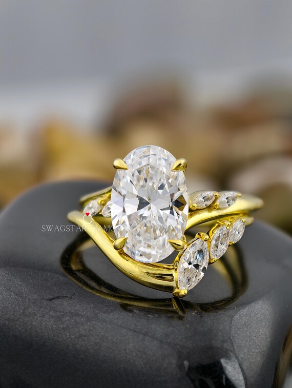Oval And Marquise  Cut Engagement Ring Lab Grown Diamond, 2 CT Diamond Ring, Prong Set Ring, Double Band Wedding Ring For Bride, yellow Gold