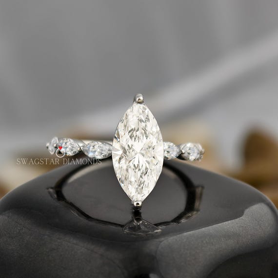 Marquise Cut Engagement Ring Lab Grown Diamond, 2 CT Solitaire Diamond Ring, Solid 18K White Gold Ring, Marquise Accent Ring, Wedding Ring