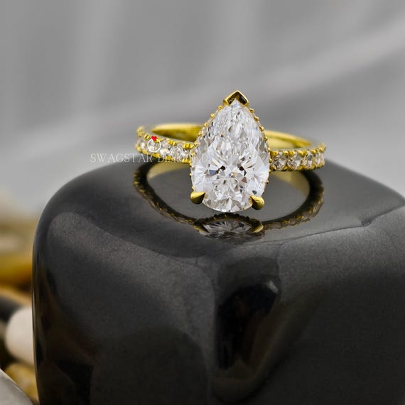 Pear Cut Engagement Ring Lab Grown Diamond, 3 CT Solitaire Diamond Ring, Pave Setting Ring, 18K Solid Gold Ring, Wedding Gift Ring For Her
