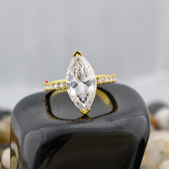 Marquise Cut Engagement Ring Lab Grown Diamond, 3 CT Diamond Ring, V Claw Prong Setting, Yellow Gold Ring, Side Accents Round Diamond Ring