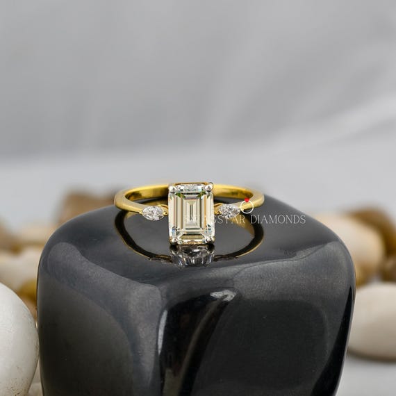 Emerald Cut Engagement Ring Lab Grown Diamond, 2 CT Diamond Ring, Three Stone Ring, Side Marquise Diamond Ring, 18K Solid Gold Wedding Ring