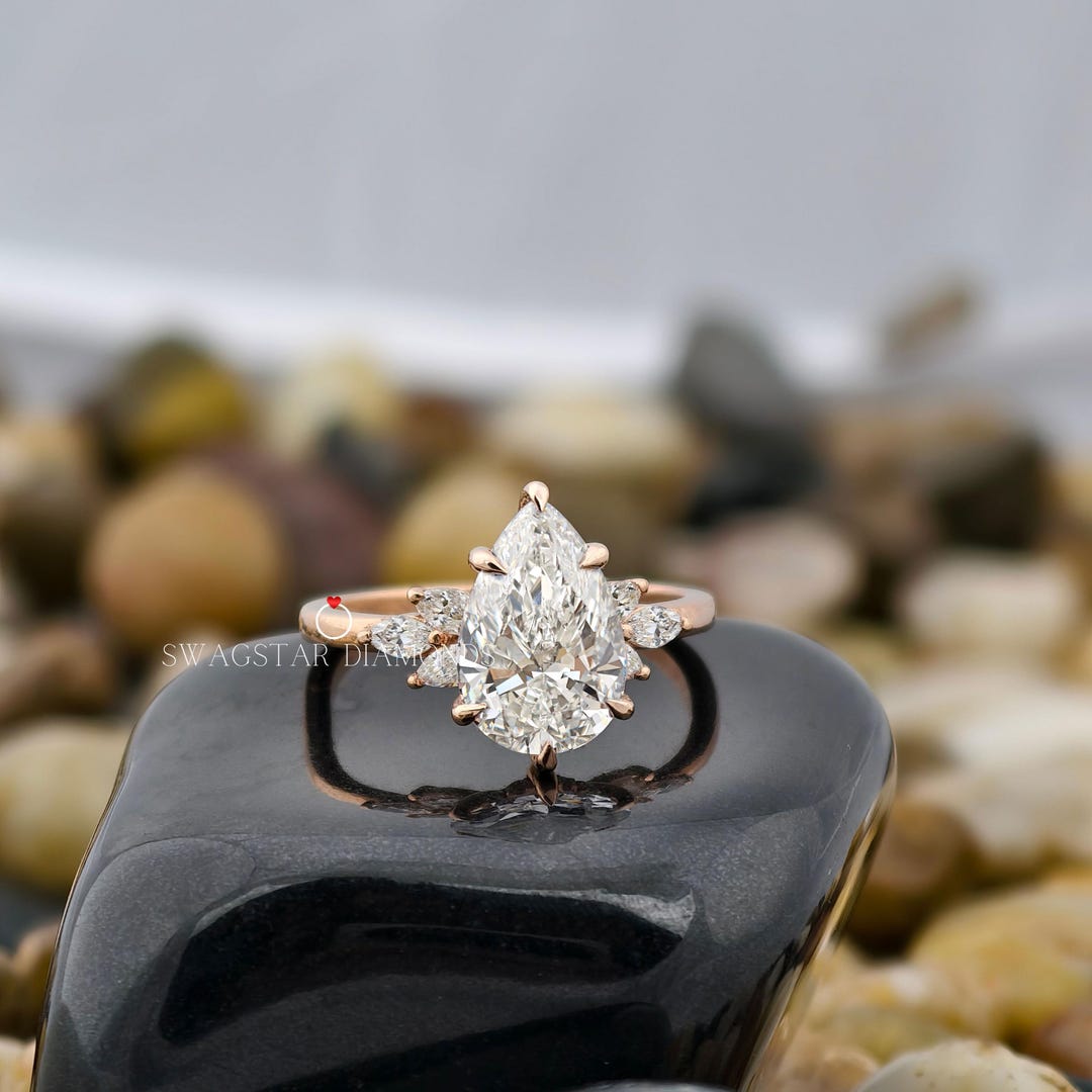 2 Ct Pear Cut Hidden Halo Lab Grown Diamond Ring Engagement Ring Side ...