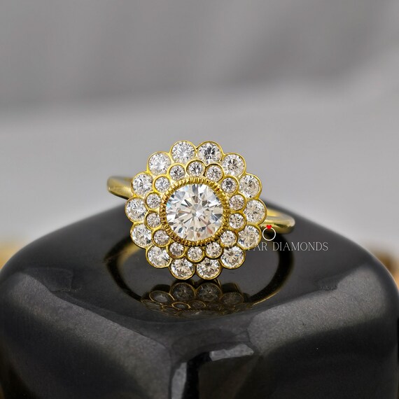 Round Cut Engagement Ring Lab Grown Diamond, 1 CT Diamond Vintage Ring, Flower Shape Diamond Setting, 18K Solid Gold Ring, Wedding Ring