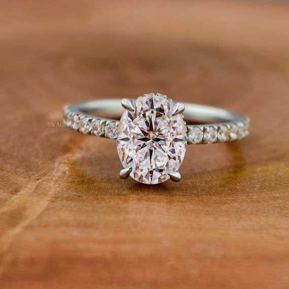 3CT Oval Cut Moissanite Engagement Ring, Oval Hidden Halo Solitaire Ring, Oval Cut Unique Ring, Anniversary Wedding Gift, 14K/18K Solid Gold