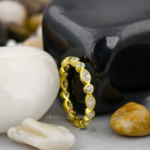 Bezel Set Marquise & Round Cut Engagement Eternity Band, Lab grown Diamond Eternity Band, Wedding Matching Band For Bridal, Yellow Gold Ring