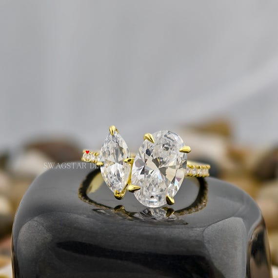 Oval And Marquise Cut Engagement Ring Lab Grown Diamond, 3.25 CT Diamond Ring, Toi Et Moi Ring, Pave Setting, Two Stone 14K Gold Ring