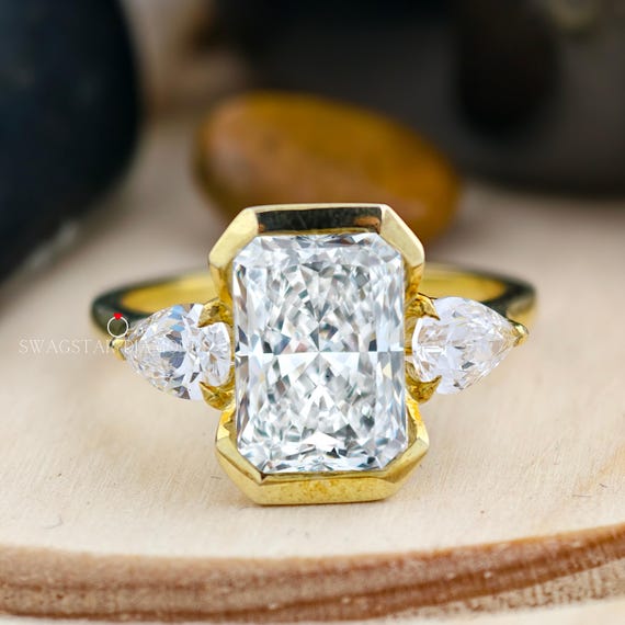 2.00 CT Radiant Cut Engagement Ring Lab Grown Diamond, Three Stone Half Bezel Setting Ring, Side Pear Diamond Ring, Wedding Ring For Bride