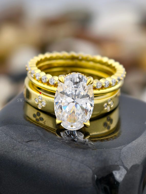 Oval And Round  Cut Engagement Ring Lab Grown Diamond, 3 CT Diamond Ring, Prong Set Ring, Three Band Wedding Ring For Bridal, yellow Gold