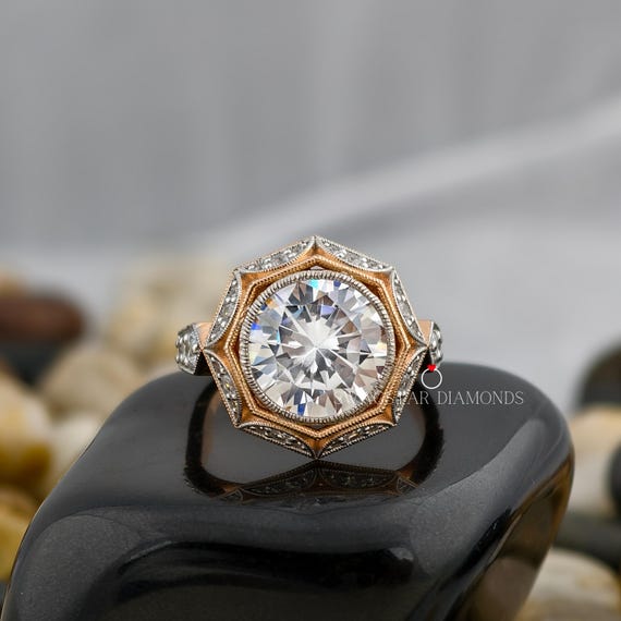 Round Cut Engagement Ring Lab Grown Diamond, 2 CT Diamond Ring, 14K Rose Gold Ring, Vintage Style Bezel Setting, Wedding Ring For Bride