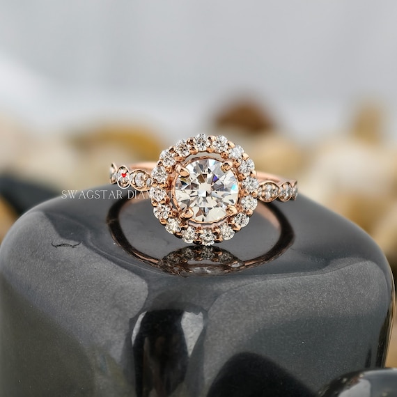 1 Carat Round Lab Grown Diamond ring Halo Engagement Ring 14K Gold Anniversary Wedding Proposal Ring For Her Girlfriend Wife Birthday Gift