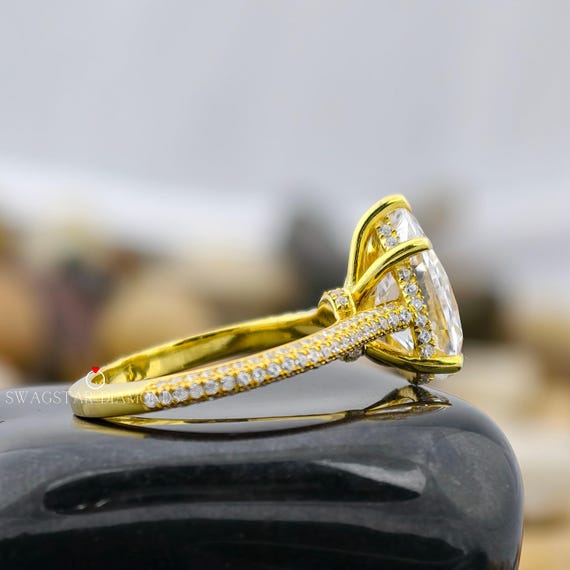 3CT Pear Cut Hidden Halo Lab Grown Diamond Engagement Ring Unique 14K Gold Ring Anniversary Wedding Proposal Gift For Her Drop Diamond Ring