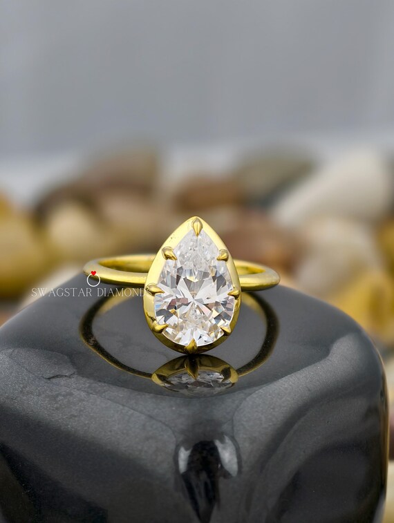 Pear Cut Engagement Ring Lab Grown Diamond, 3 CT Solitaire Diamond Ring, Prong Setting, Solid 18K Yellow Gold Ring, Anniversary Gift Ring