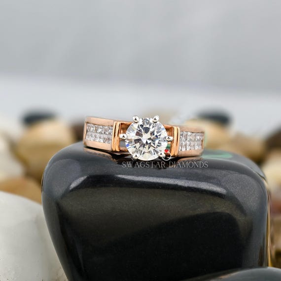 Round Cut Engagement Ring Lab Grown Diamond, 2 CT Diamond Ring, 14K Solid Gold Ring, Round Accent Ring, Broad Band Ring, Prong Setting Ring
