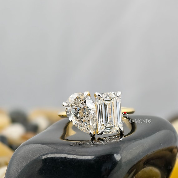 Pear And Emerald Cut Engagement Ring Lab Grown Diamond, 4 CT Diamond Ring, Toi Et Moi Ring, Two Stone Ring, Anniversary Gift For Her