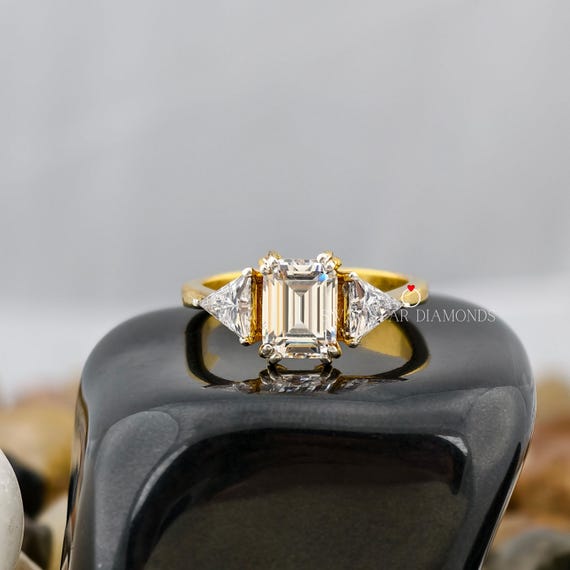 Emerald Cut Engagement Ring Lab Grown Diamond, 2 CT Diamond Ring, Three Stone Ring, Side Triangle Diamond Ring, 18K Solid Gold Wedding Ring