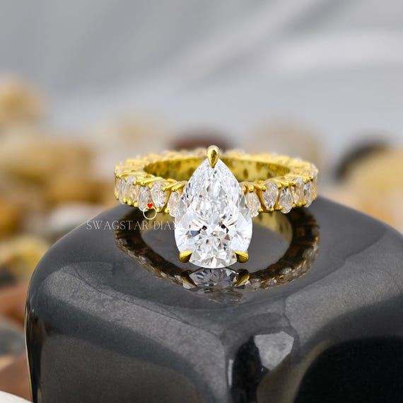 Pear Cut Engagement Ring Lab Grown Diamond, 2 CT Solitaire Diamond Ring, Yellow Gold Ring, Side Accents Pear Diamond Ring, Broad Band Ring