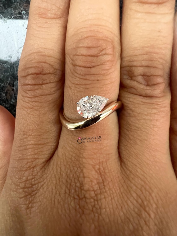 Pear Cut Lab Grown Diamond Bypass Ring | East West Teardrop Solitaire in 14K Gold | Unique Asymmetrical Engagement Ring for Her