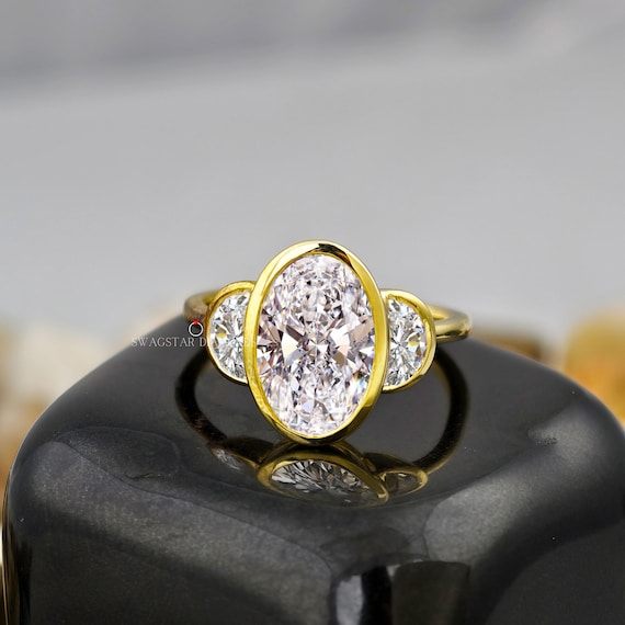 Lab Diamond Oval Cut Bezel Set Side Half Moon Diamond Engagement Ring, 2 CT Diamond Ring, Anniversary 18K Gold Ring, Wedding Ring For Her