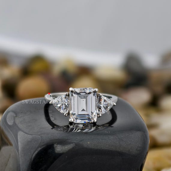 Emerald Cut Lab Grown Diamond Engagement Ring With triangle lab diamond, Gift for Her, Wedding Diamond Ring, Gold Rings, Jewellery for Women