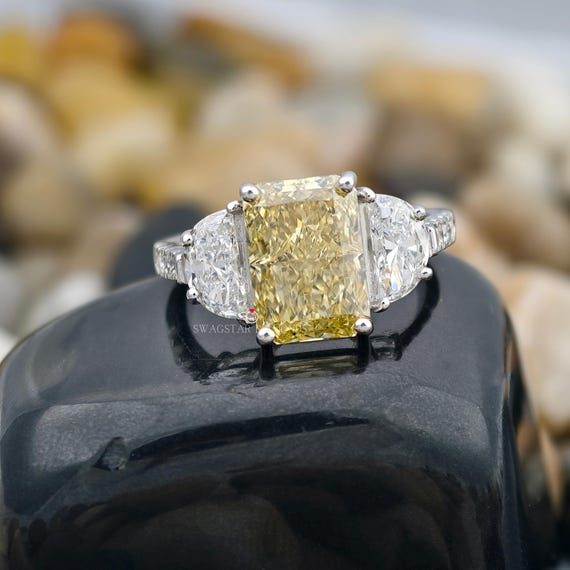 5 Carat Yellow Radiant Cut Ring Halfmoon Cut Side Diamond Lab Diamond Ring Radiant Cut Lab Grown Diamond Ring Halfmoon Cut Lab Diamond Ring
