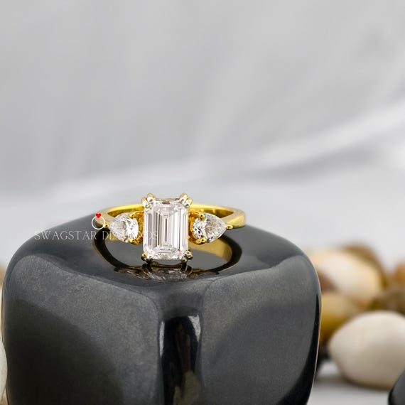 Emerald Cut Engagement Ring Lab Grown Diamond, 2 CT Diamond Ring, Three Stone Ring, Side Pear Diamond Ring, 14K Gold Wedding Ring For Her