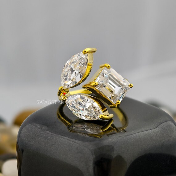 Marquise And Emerald Cut Engagement Ring Lab Grown Diamond, 5 CT Diamond Ring, Three Stone Ring, 18K Gold Ring, Wedding Ring For Bride