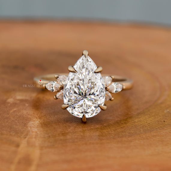 Unique 3ct Pear Cut Moissanite Engagement Ring 18K Rose Gold Wedding Ring Pear Solitaire Ring Hidden Halo Promise Ring Christmas Gift