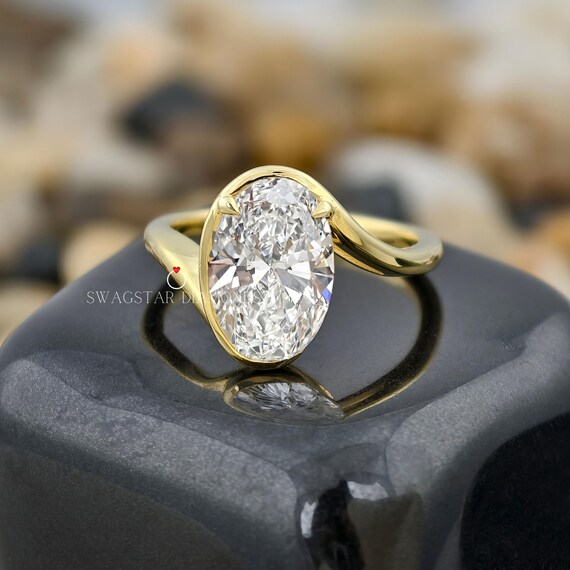3CT Half Bezel Oval Cut Unique Style Engagement Lab Grown Diamond Ring, Lab created Diamond Ring 5 carat Diamond Option 18k Yellow Gold Ring