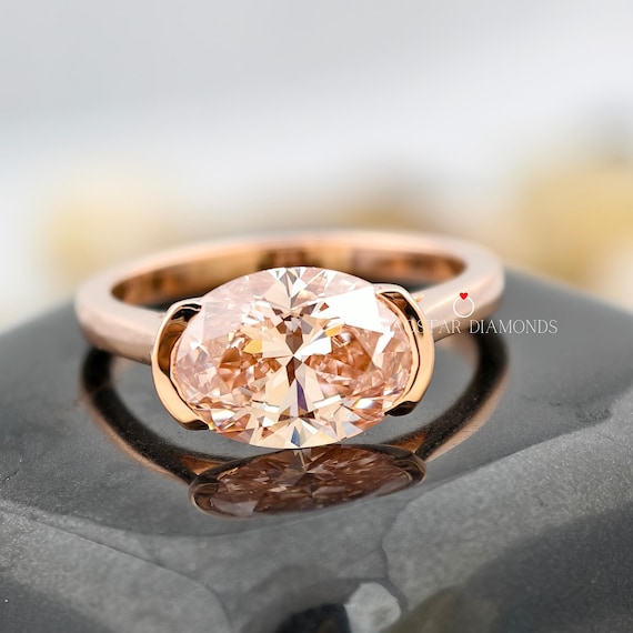 Oval Intense Pink Lab Grown Diamond Engagement Ring, 2 CT Diamond Ring, Solitaire East-West Diamond Ring, Half Bezel Set Rose Gold Ring