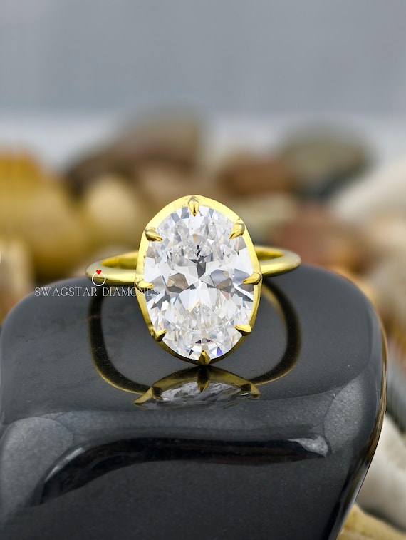 Oval Cut Engagement Ring Lab Grown Diamond, 5 CT Solitaire Diamond Ring, Prong Setting, Solid 18K Yellow Gold Ring, Anniversary Gift Ring