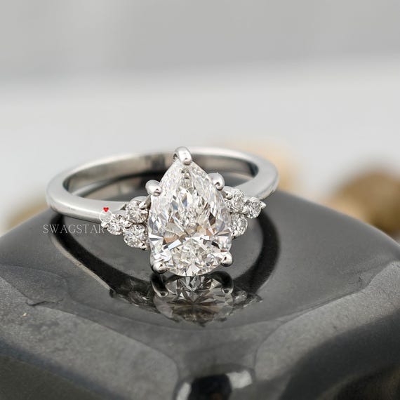 2ct Pear Cut Lab Grown Diamond Engagement Ring Cluster Setting Lab Grown Diamond, 3 Carat 5 Carat Lab Diamond Option, Anniversary Ring Gift
