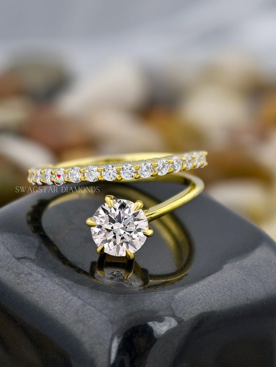 Round Cut Lab Diamond Ring Bridal Set Ring Floating Solitaire Ring IGI Certified Lab Grown Diamond Ring / 1 to 3 Carat option 18KT Gold