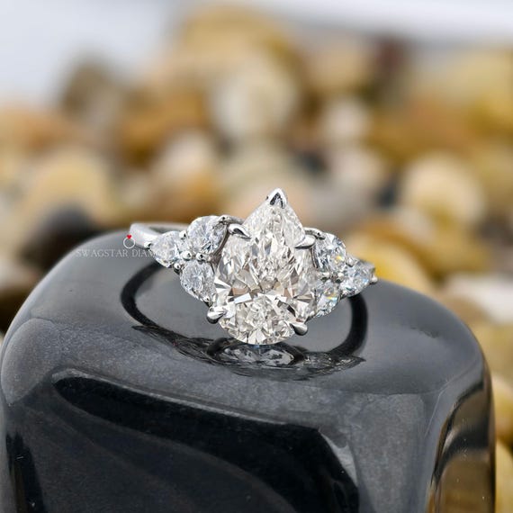 3ct Pear Cut Lab Diamond ring Engagement Ring Cluster Ring 14K Gold Ring Anniversary Proposal Wedding Gift For Her Girlfriend Wife Birthday