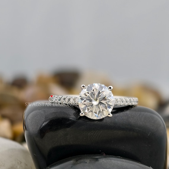 Round Cut Engagement Ring Lab Grown Diamond, 2 CT Solitaire Diamond Ring, Pave Setting, Solid 18K White Gold Ring, Propose Ring For Her