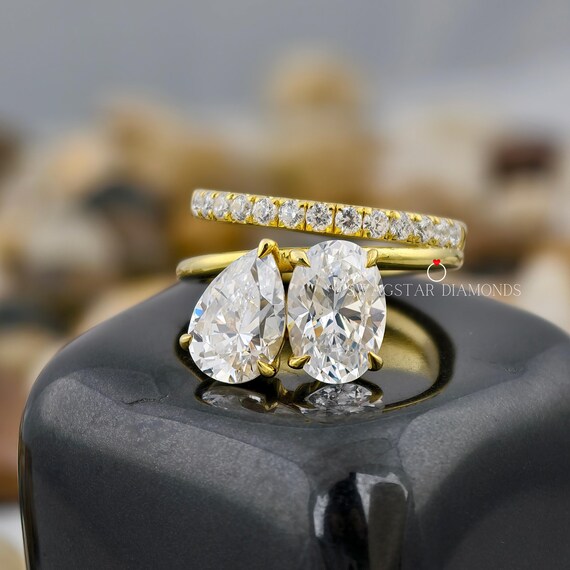 Pear And Oval Cut Engagement Ring Lab Grown Diamond Ring, 2+2 CT Diamond Ring, Yellow Gold Ring, Two Stone Ring, Double Band Diamond Ring