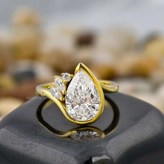 Uniqu Pear Cut Engagement Ring Lab Grown Diamond Half Bezel Set Ring Lab Created Diamond 18K Gold Ring Side Marquise and Round Diamond Ring