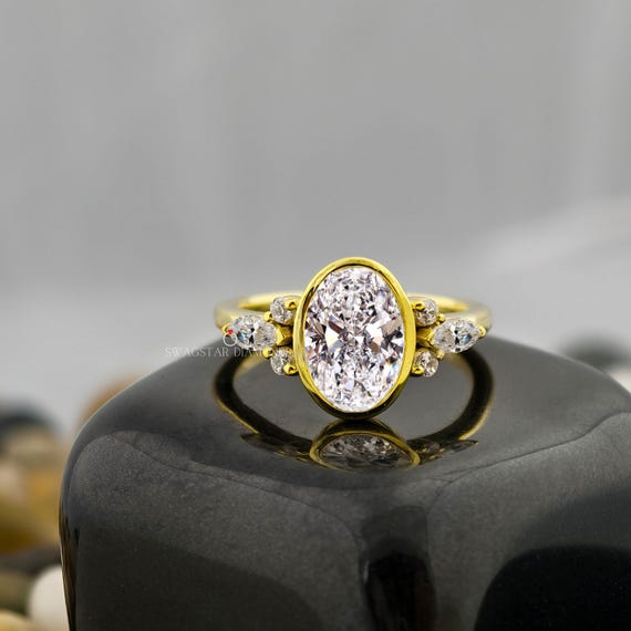 Oval Cut Bezel Set Cluster Engagement Ring Lab Grown Diamond, 2 CT Solitaire Diamond Ring, 18K Yellow Gold Ring, Side Marquise Round Diamond