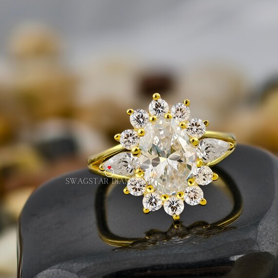 Oval Cut Engagement Ring Lab Grown Diamond, 2 CT Diamond Ring, Side Accents Round And Pear Diamond Ring, 18k Yellow Gold Ring For Women