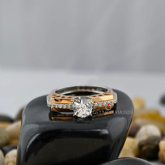Round Cut Engagement Ring Lab Grown Diamond, 1 CT Diamond Ring, 14K Rose Gold Ring, Broad Band Ring For Her, Prong Setting Diamond Ring