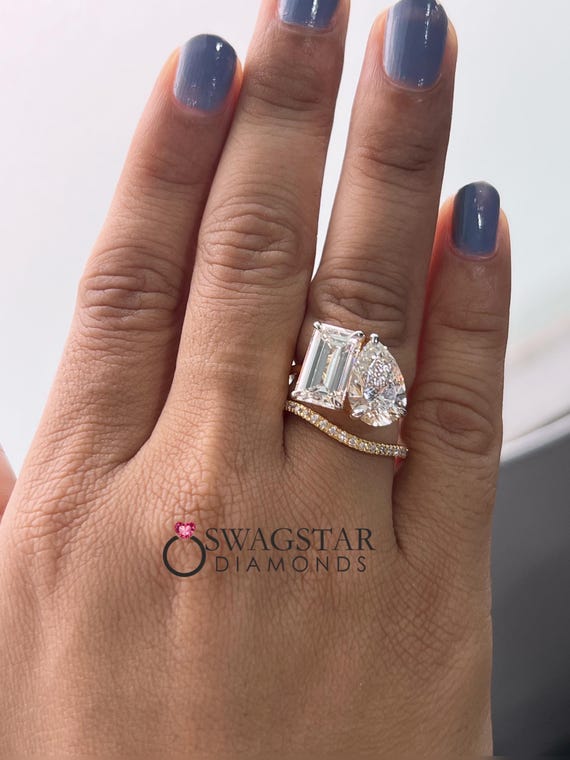 3+3 CT Toi Et Moi Bridal Set Ring | Emerald and pear Toi Et Moi Ring | Lab Diamond Wedding Set Ring | 14K Gold Anniversary Gift Ring