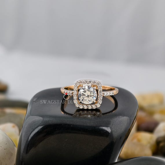 Round Cut Engagement Ring Lab Grown Diamond, 2 CT Diamond Ring, 14K Yellow Gold Ring, Side Accents Round Diamond, Halo Setting Diamond Ring