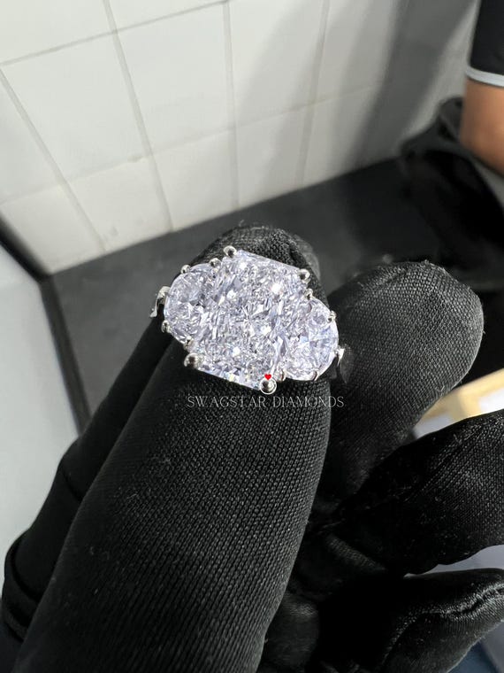 4 ct Radiant Cut Lab Grown Diamond Engagement Ring With Half Moon Lab Diamond, Gold Rings, Wedding Ring, Jewellery for Women, Gift for Her