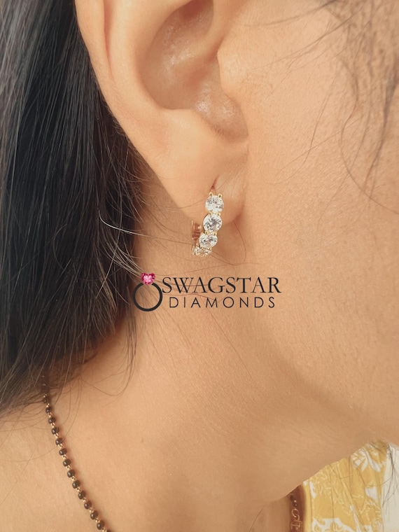 Round cut Lab Grown Diamond Earrings, 14Kt yellow Gold Hoop Earrings For Her, Delicate Diamond Huggies Earrings, Anniversary Gift For Wife