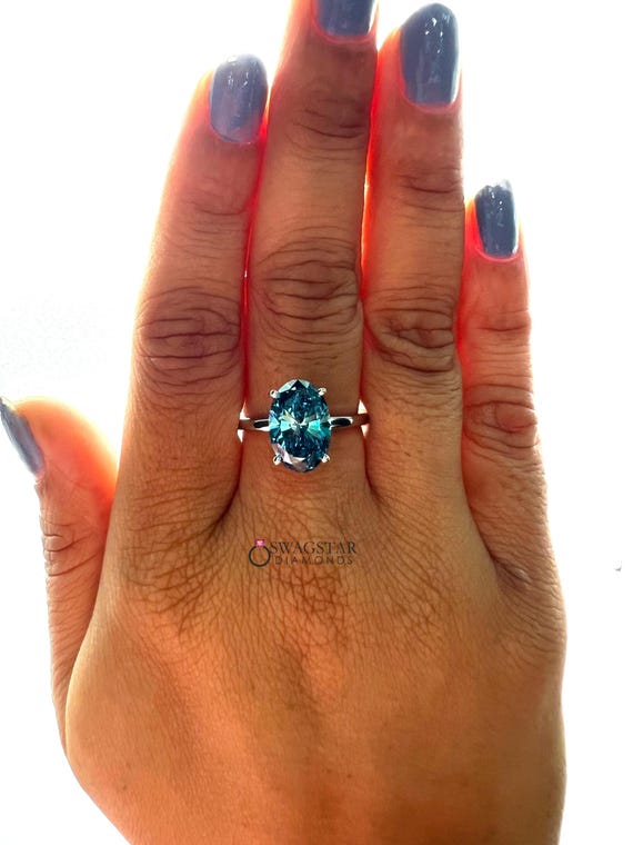 Vivid Blue Oval Cut Lab Grown Diamond Hidden Halo Engagement Ring 14K Gold Pave Set Certified Diamond Ring Wedding Anniversary Gift for her