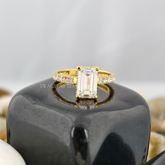 Emerald Cut Engagement Ring Lab Grown Diamond, 3 CT Diamond Ring, 14K Yellow Gold Ring, Prong Setting Ring, Side Accents Round Diamond Ring