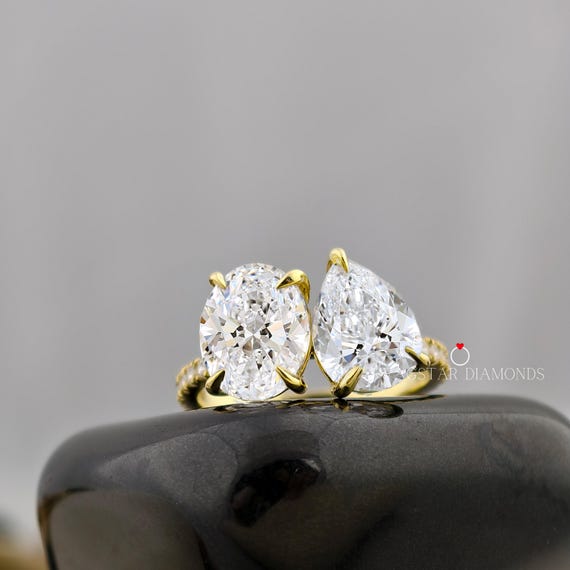 Pear And Oval Cut Engagement Ring Lab Grown Diamond, 4 CT Diamond Ring, Toi Et Moi Ring, Pave Setting, Two Stone Ring, Anniversary Gift